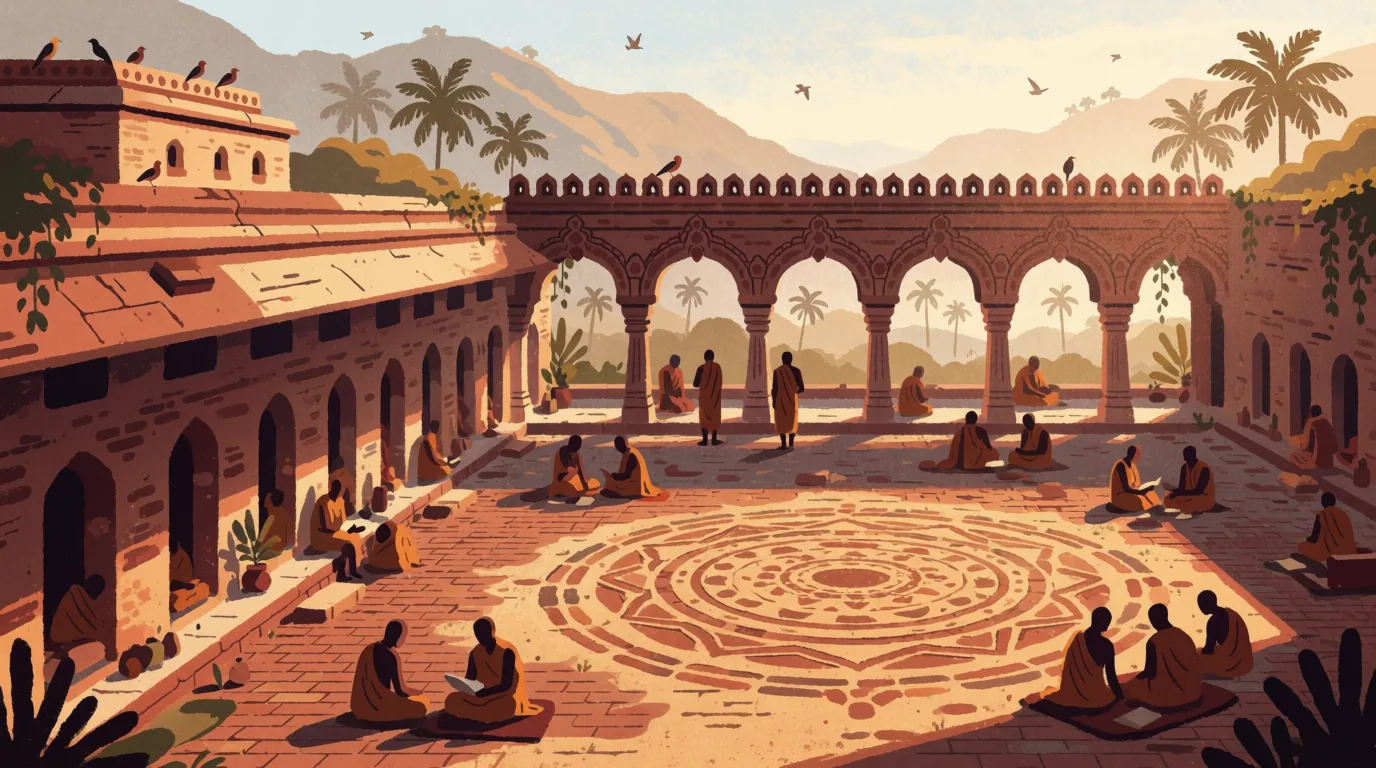 Illustration of monks reading and gathering in the arched courtyard of an ancient Nalanda monastery